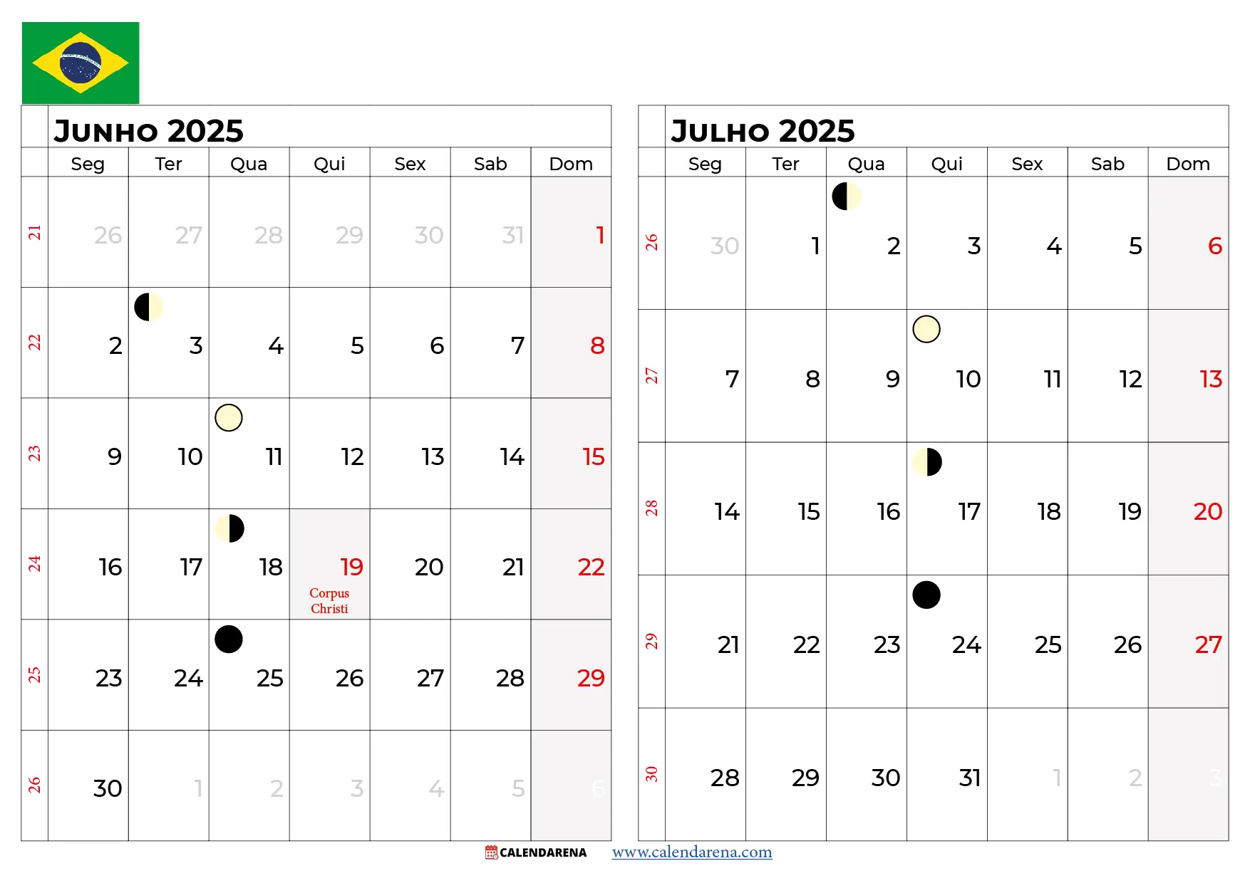 Calendário Junho E Julho 2025