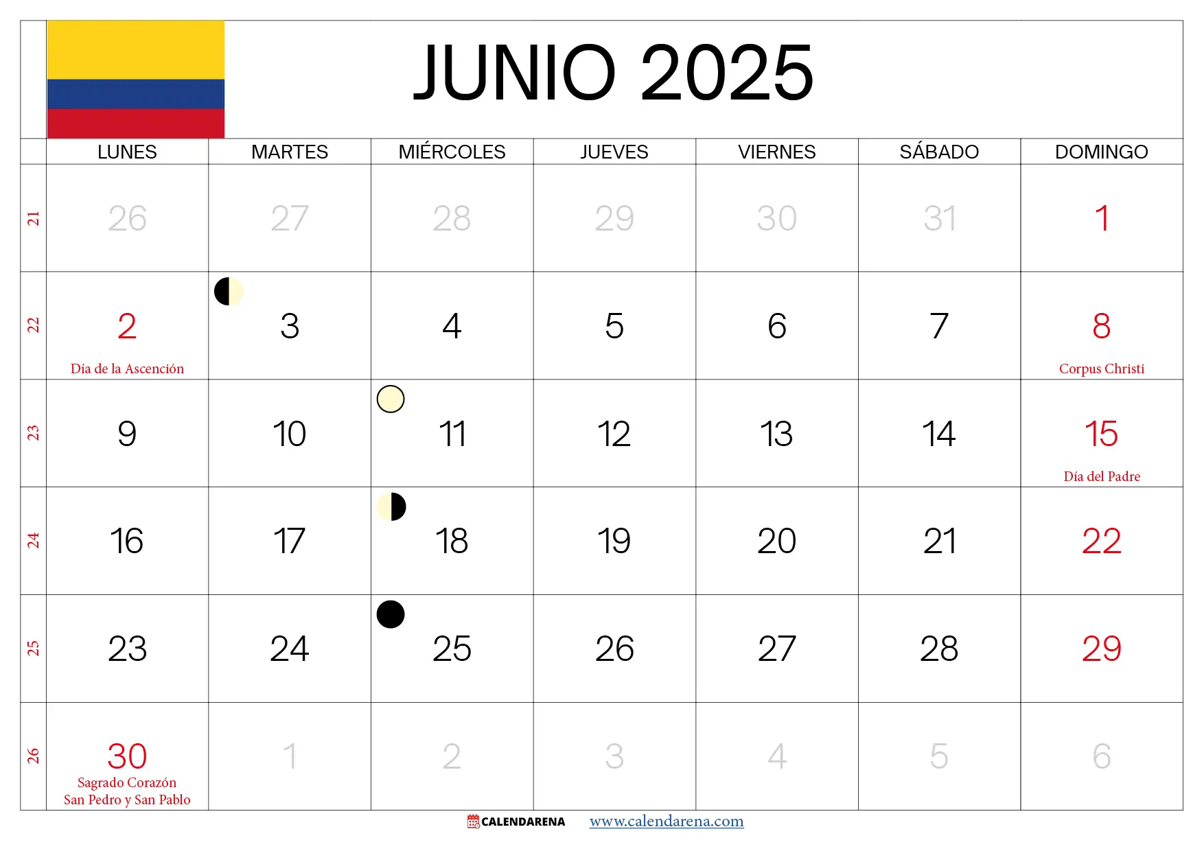 Calendario Junio Colombia 2025