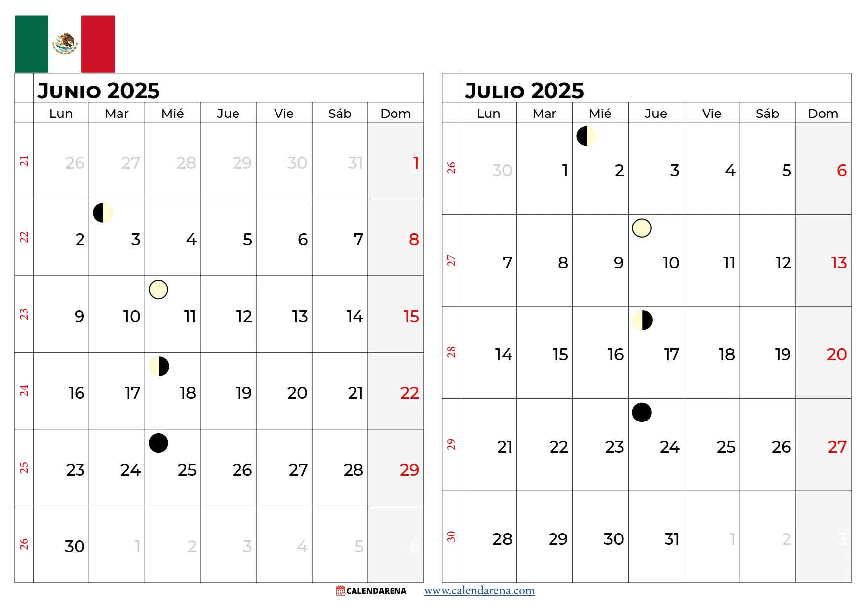 Calendario Junio Y Julio 2025 México