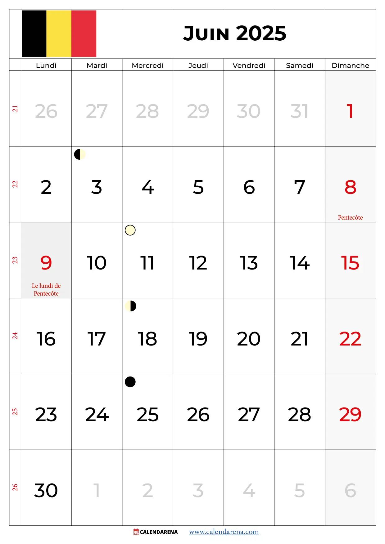 Calendrier 2025 Juin Belgique