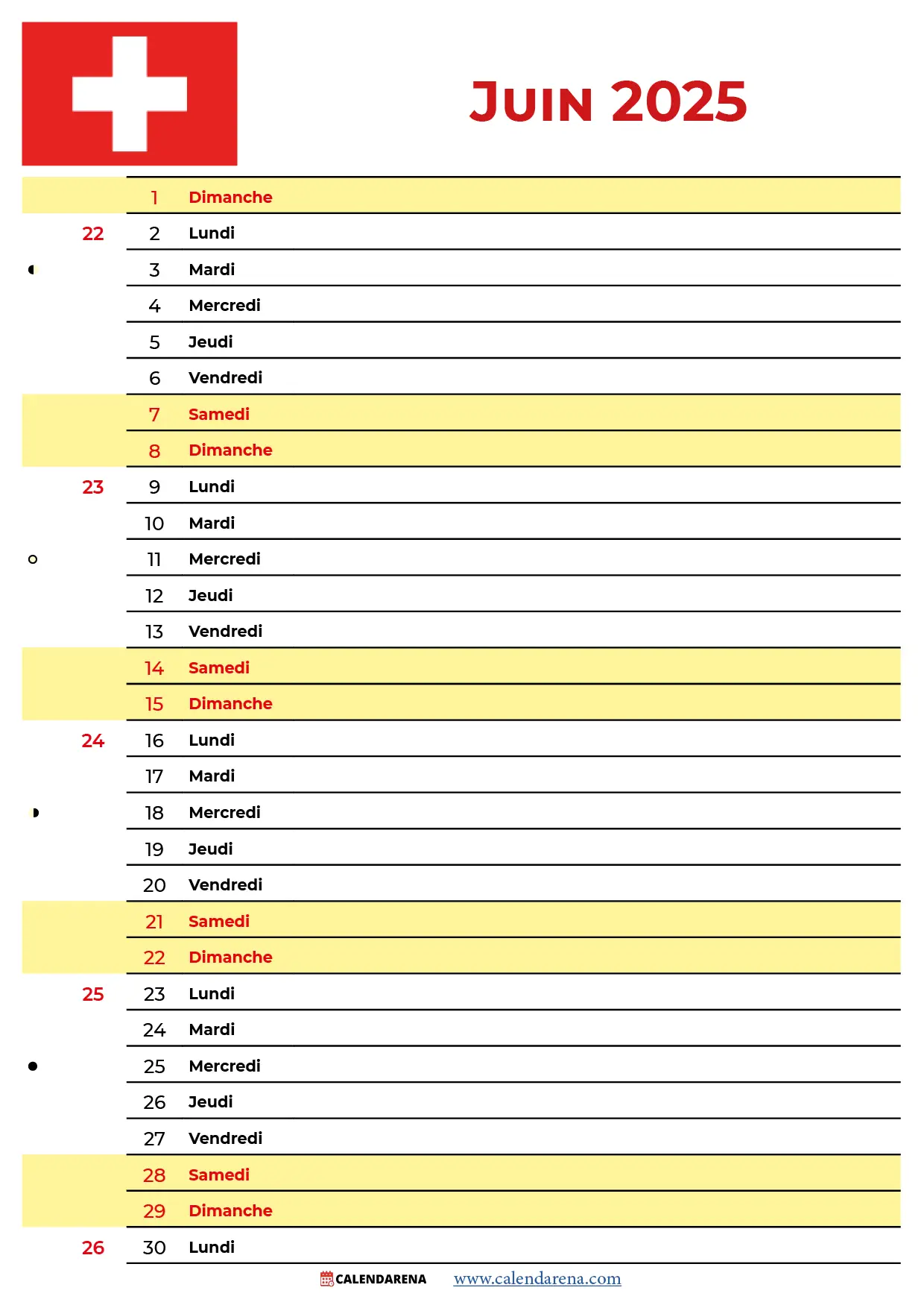 Calendrier 2025 Juin Suisse