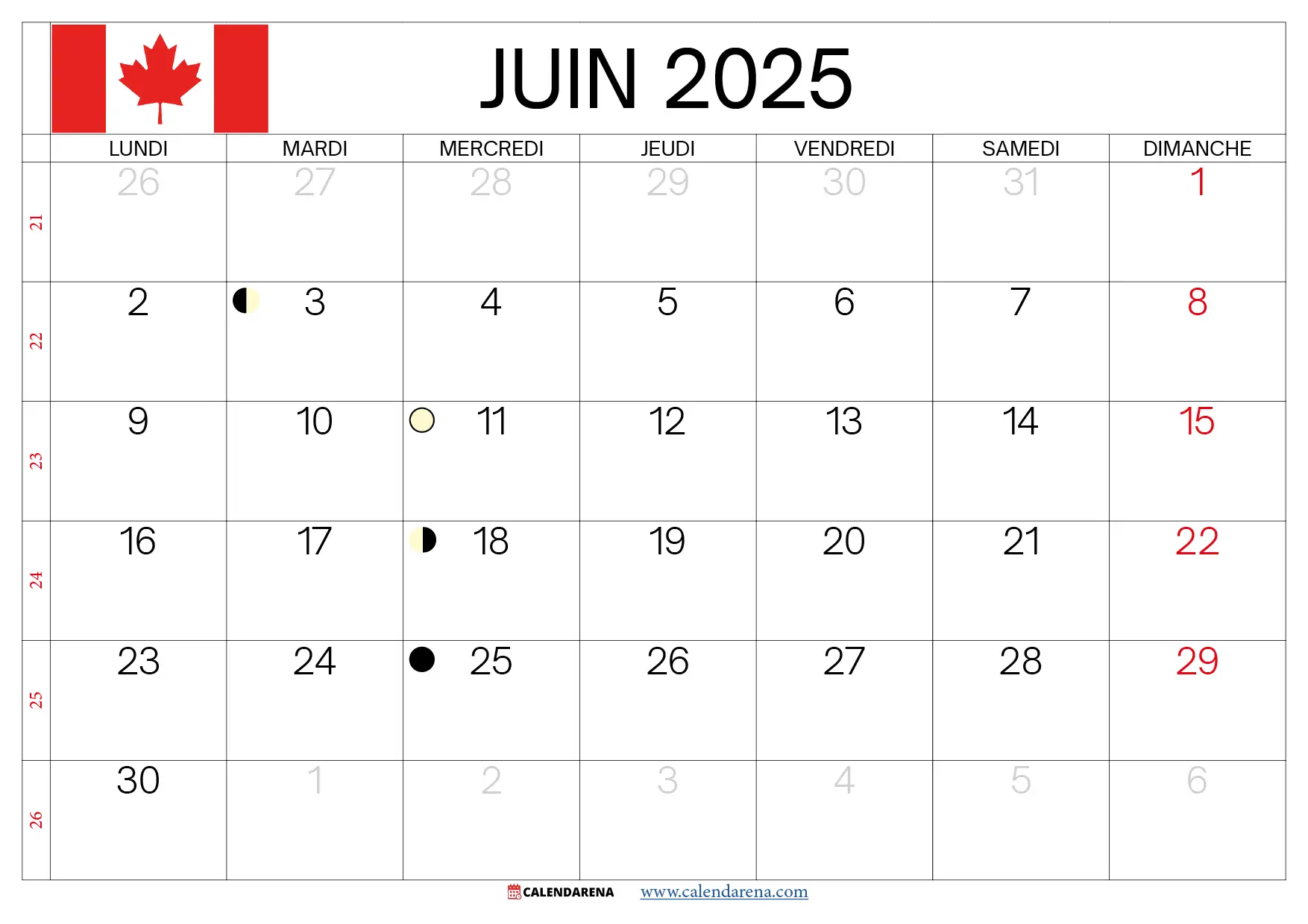 Calendrier Juin 2025 À Imprimer Québec