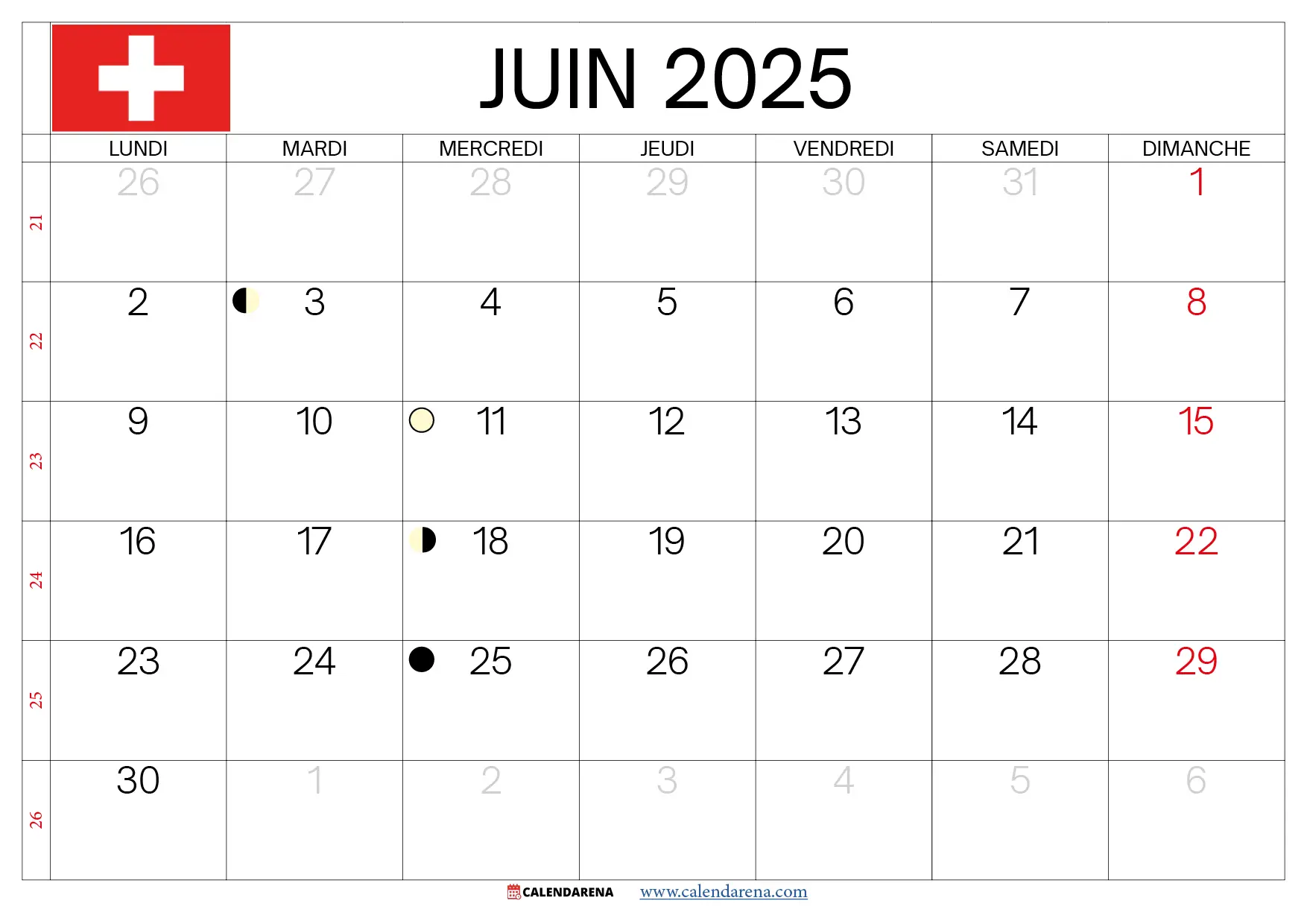 Calendrier Juin 2025 À Imprimer Suisse