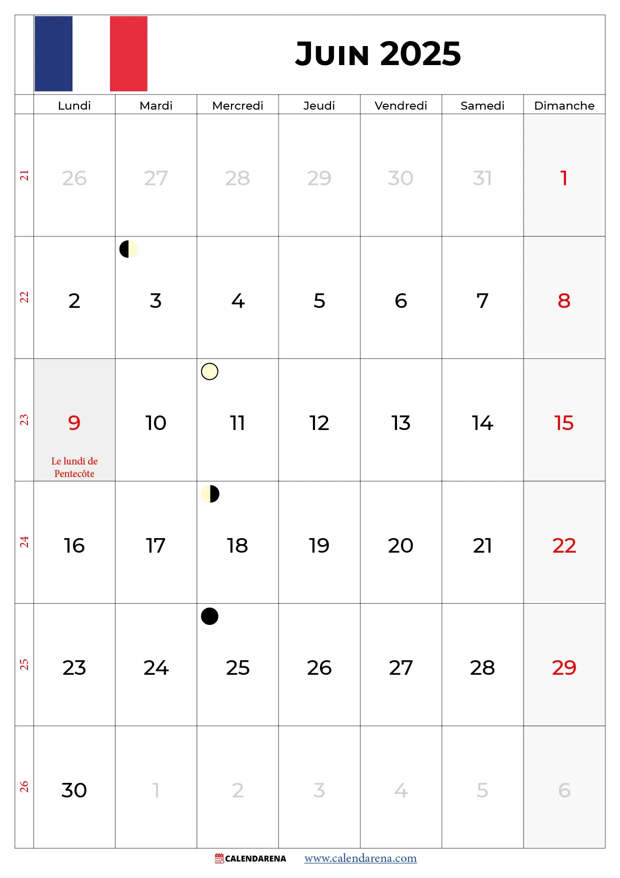 Calendrier Juin 2025 Avec Jours Fériés