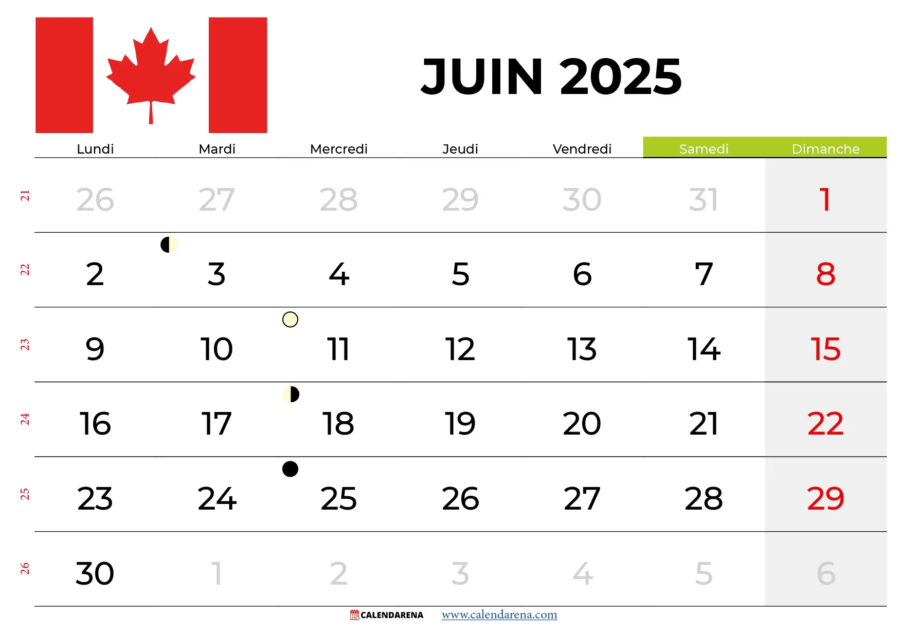 Calendrier Juin 2025 Québec