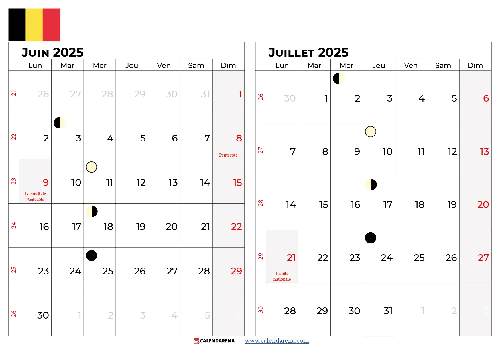 Calendrier Juin Juillet 2025 Belgique