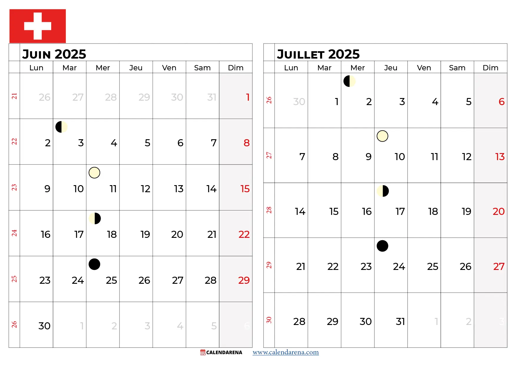 Calendrier Juin Juillet 2025 Suisse