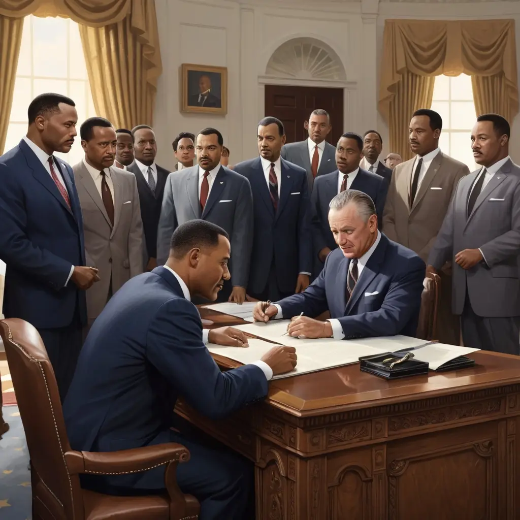 Historical moments from the Civil Rights Movement and the signing of the Civil Rights Act.