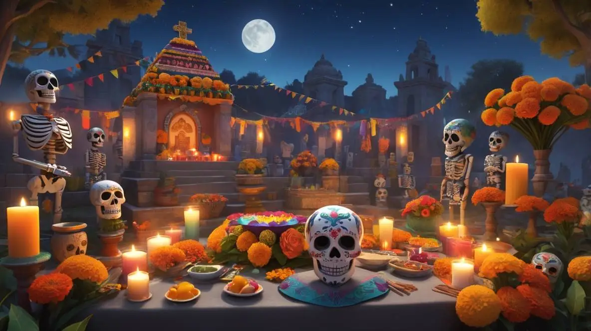 Celebration at the Cemetery: A lively cemetery scene during Día de los Muertos, filled with families enjoying picnics, dancing, and singing, surrounded by decorated graves and bright decorations, creating a joyful ambiance of remembrance.