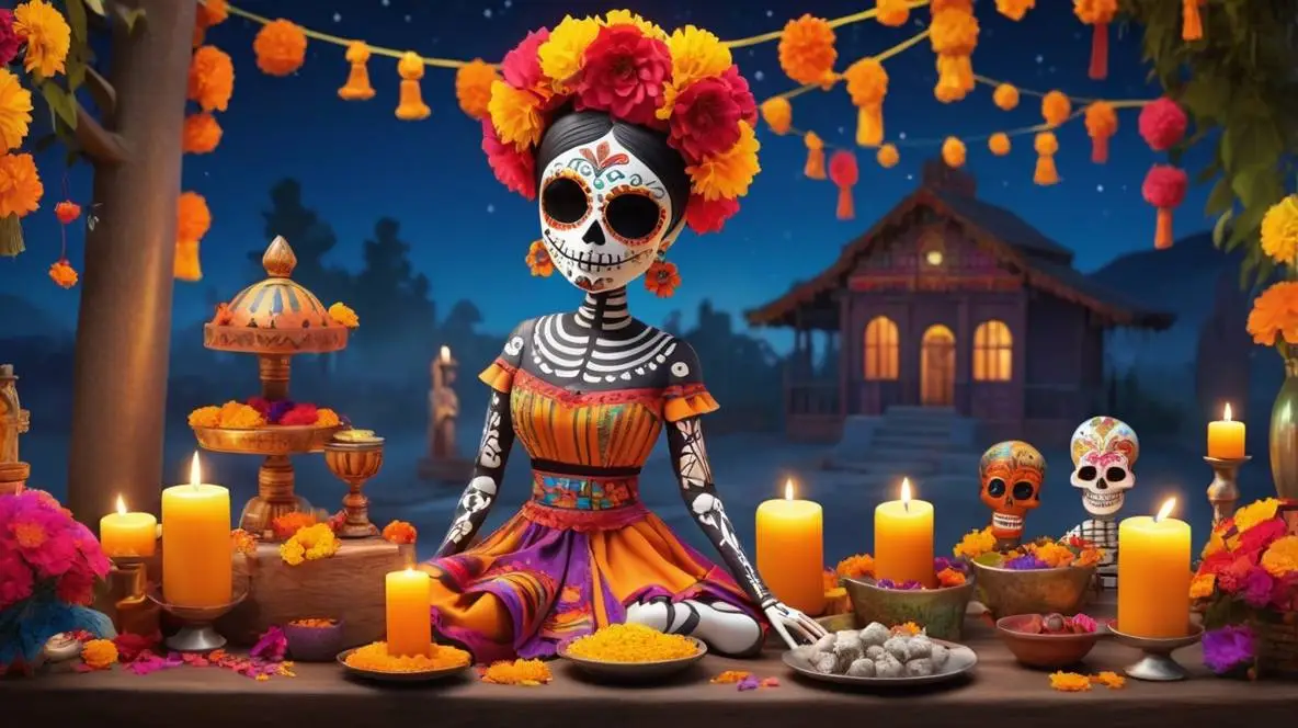 Ofrenda Display: A vibrant ofrenda adorned with marigold flowers, candles, and photographs of loved ones, showcasing colorful sugar skulls and personal mementos in a festive atmosphere for Día de los Muertos.