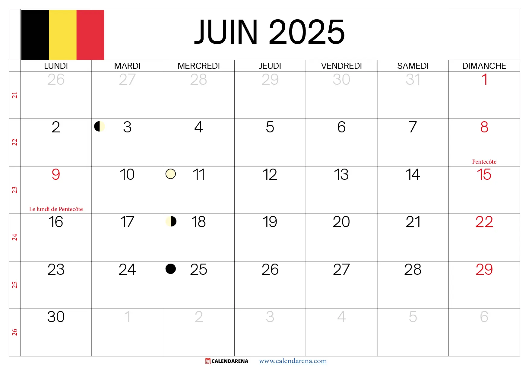 Juin 2025 Calendrier Belgique