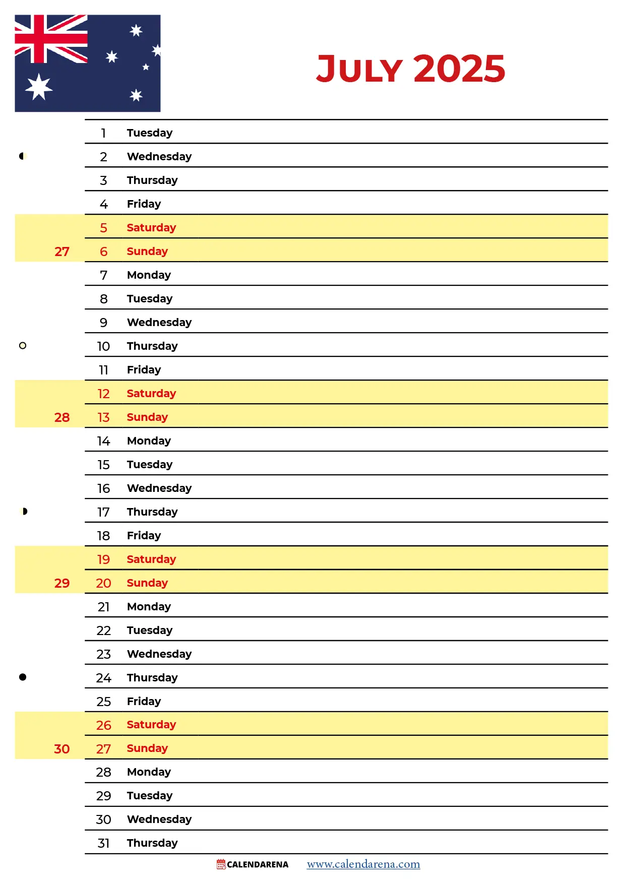 July 2025 Printable Calendar Australia