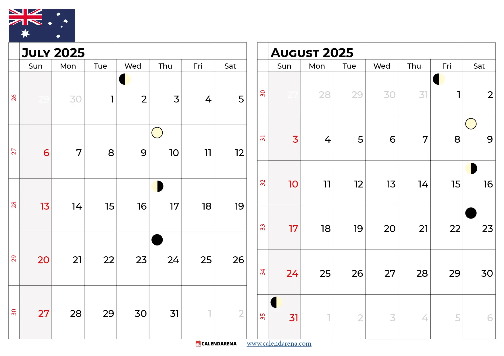 July August 2025 Calendar Australia