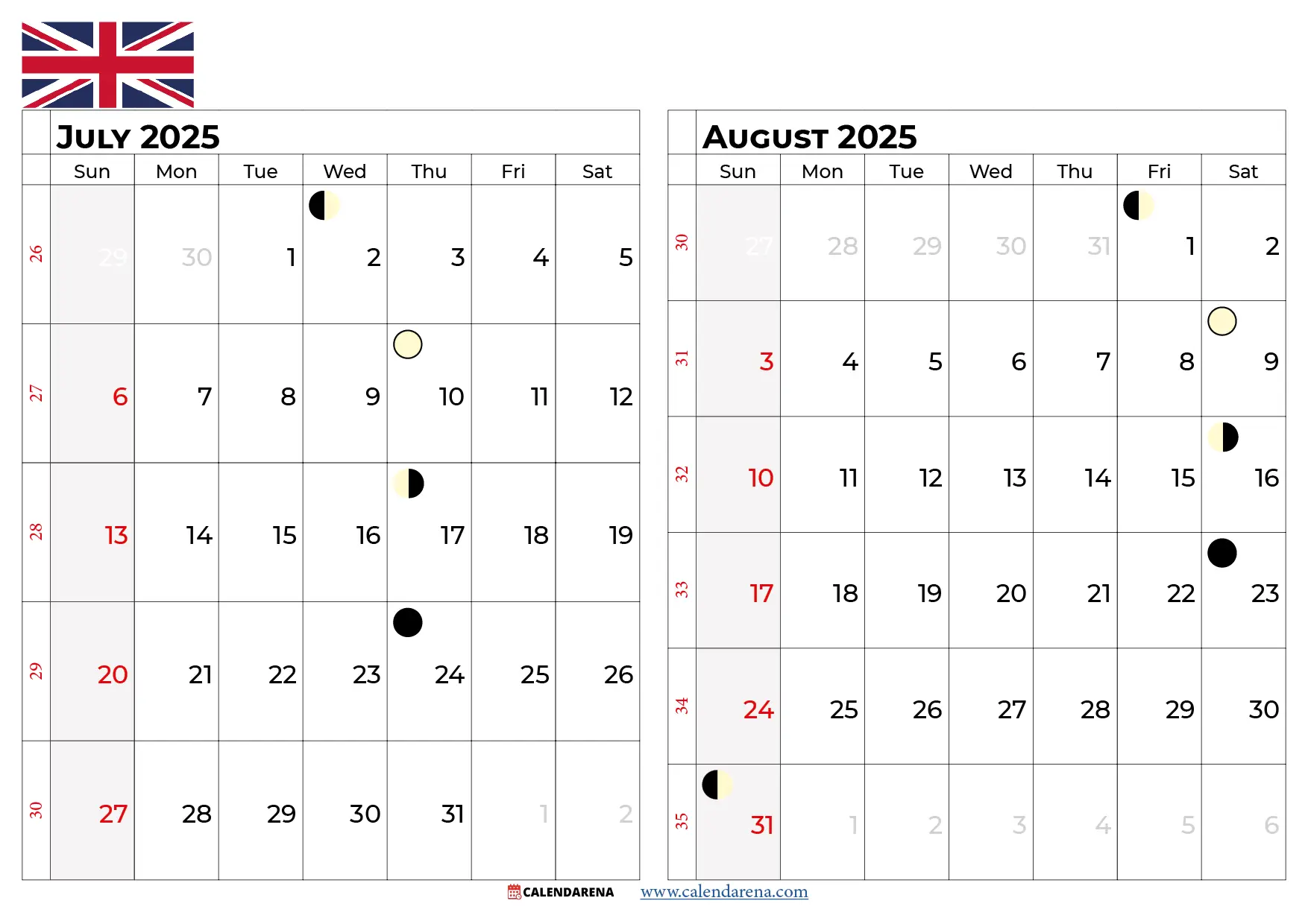 July August 2025 Calendar Uk