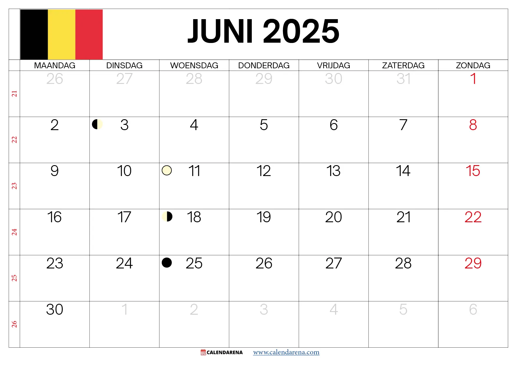 Juni 2025 Kalender Belgien