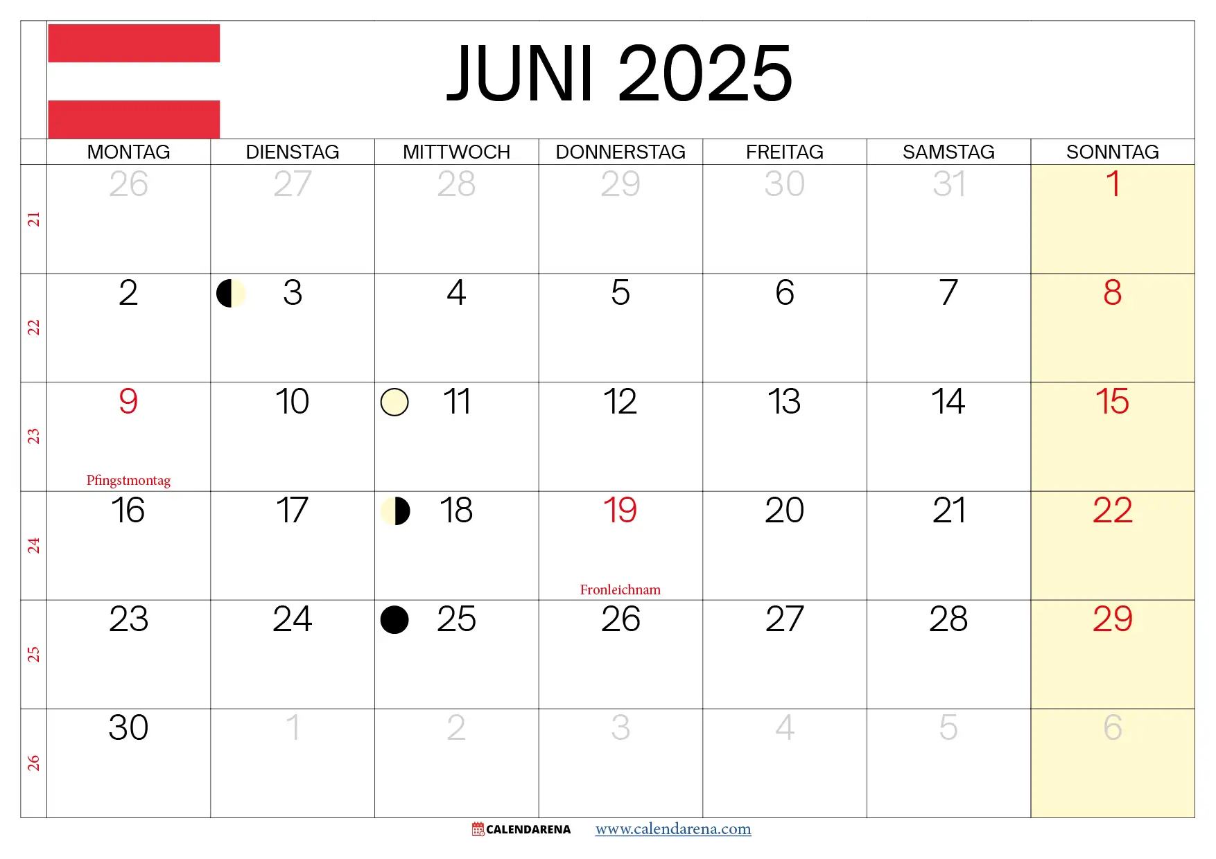 Juni 2025 Kalender Österreich