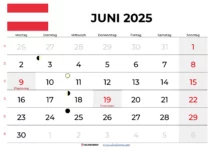 Juni Kalender 2025 Österreich