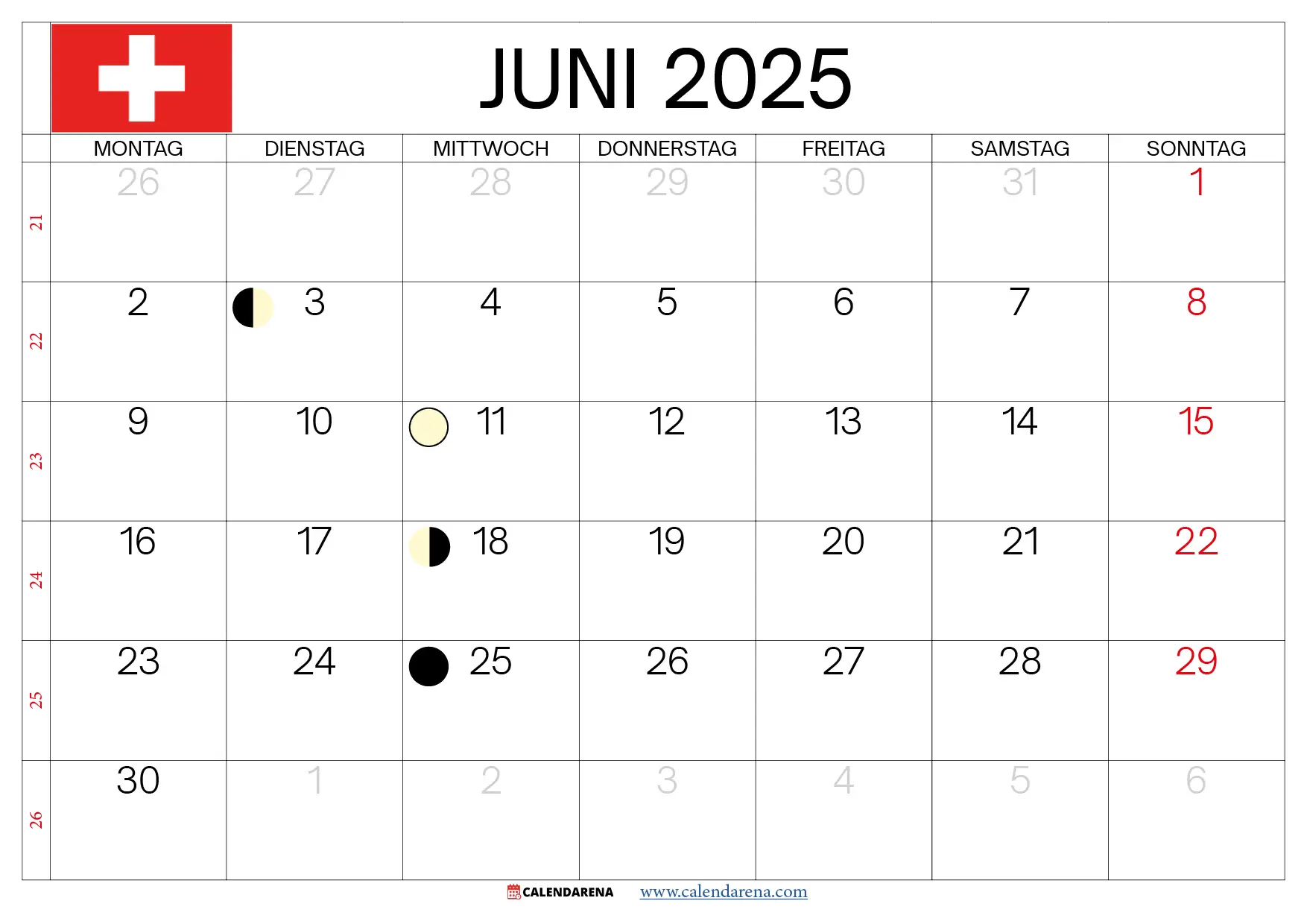 Juni Kalender 2025 Schweiz