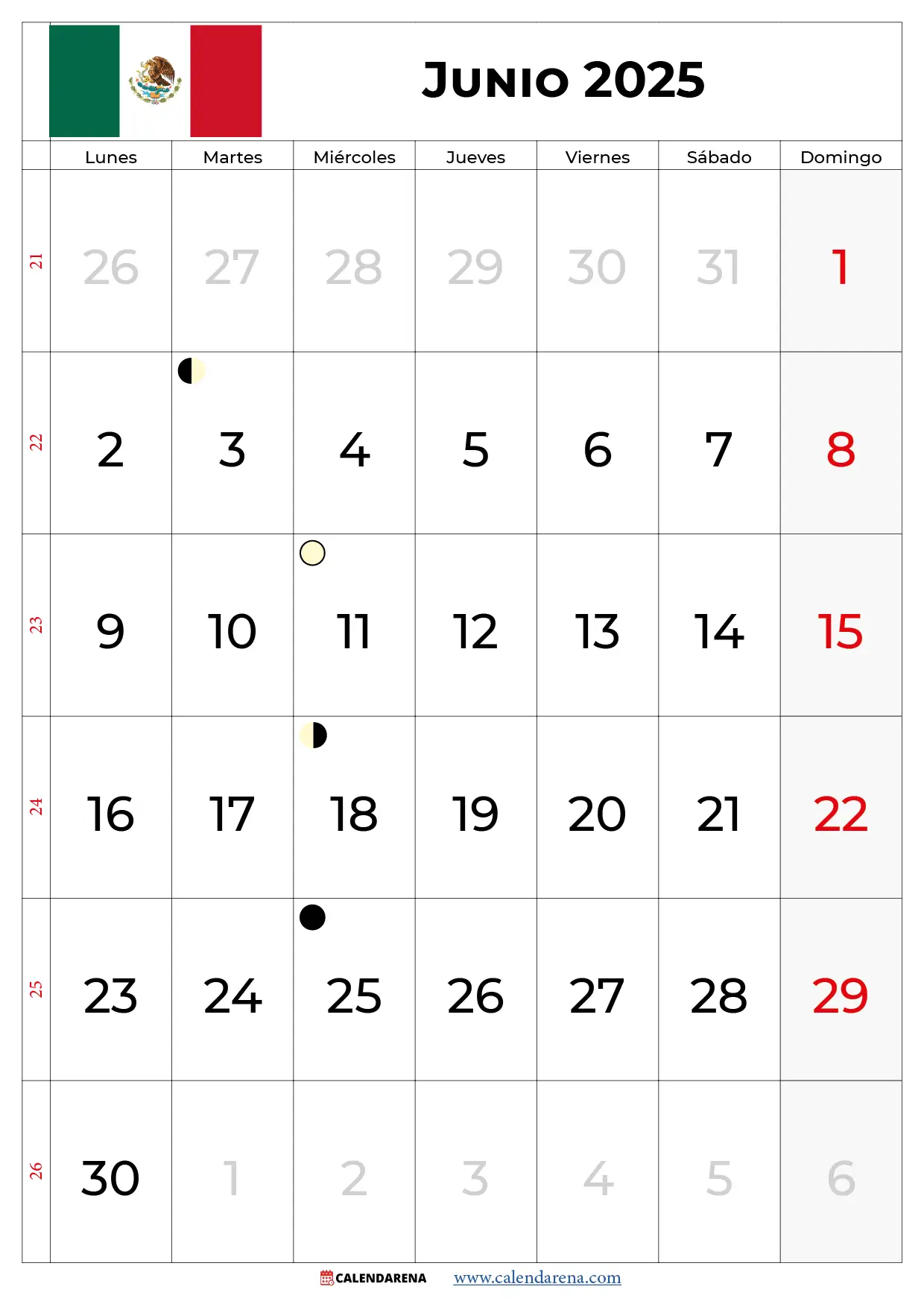 Junio Calendario 2025 México