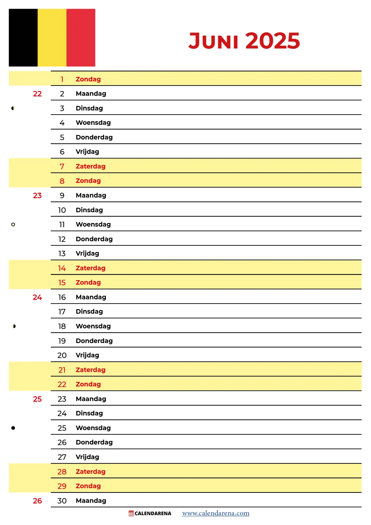 Kalender 2025 Juni Belgien