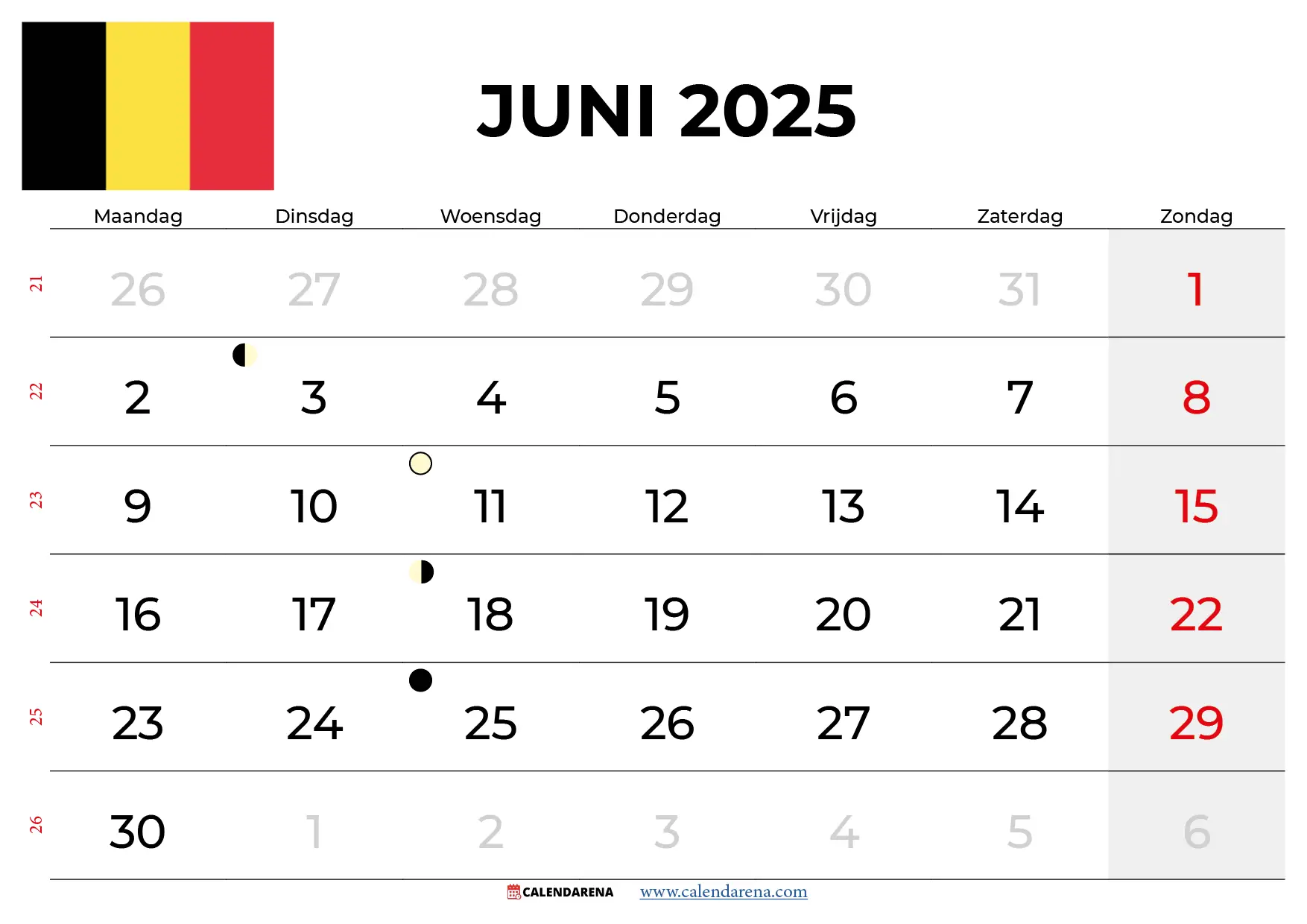 Kalender Juni 2025 Belgien