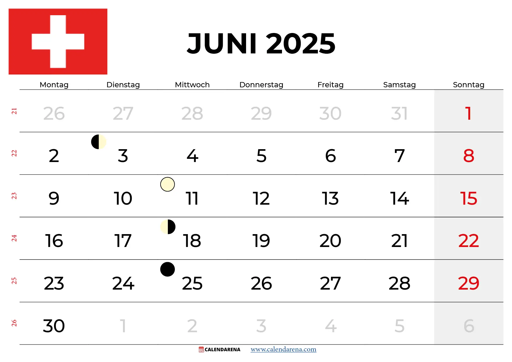 Kalender Juni 2025 Schweiz