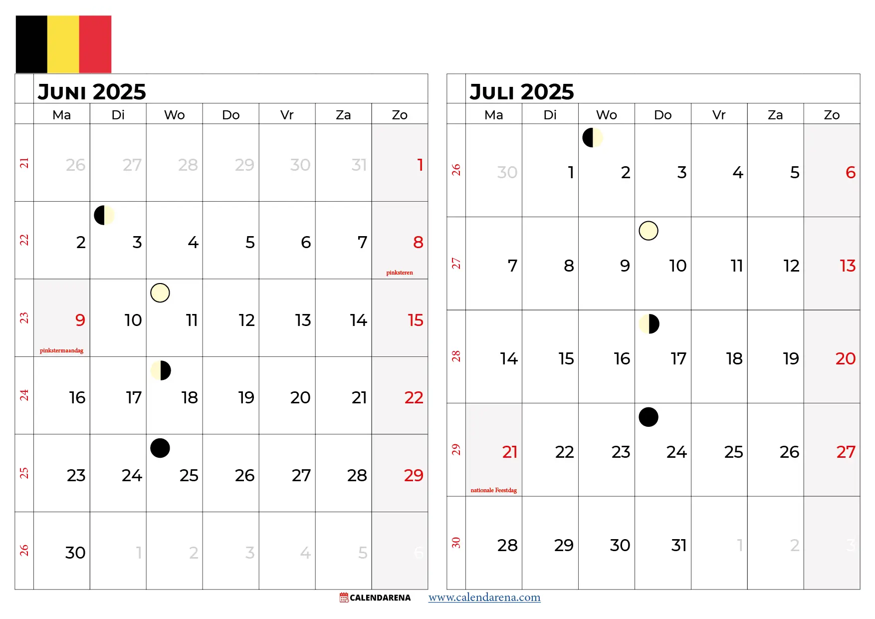 Kalender Juni Juli 2025 Belgien