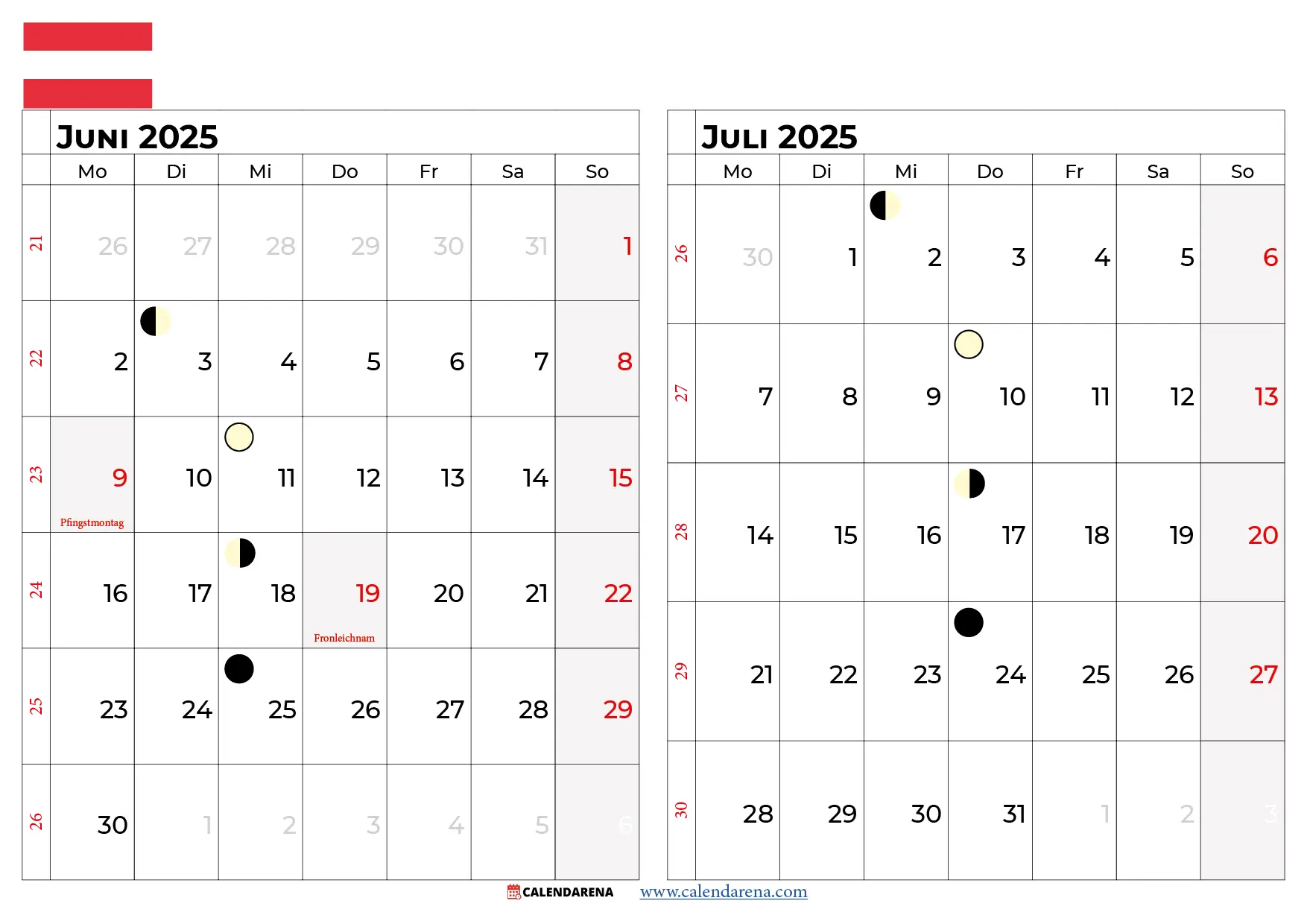 Kalender Juni Juli 2025 Österreich