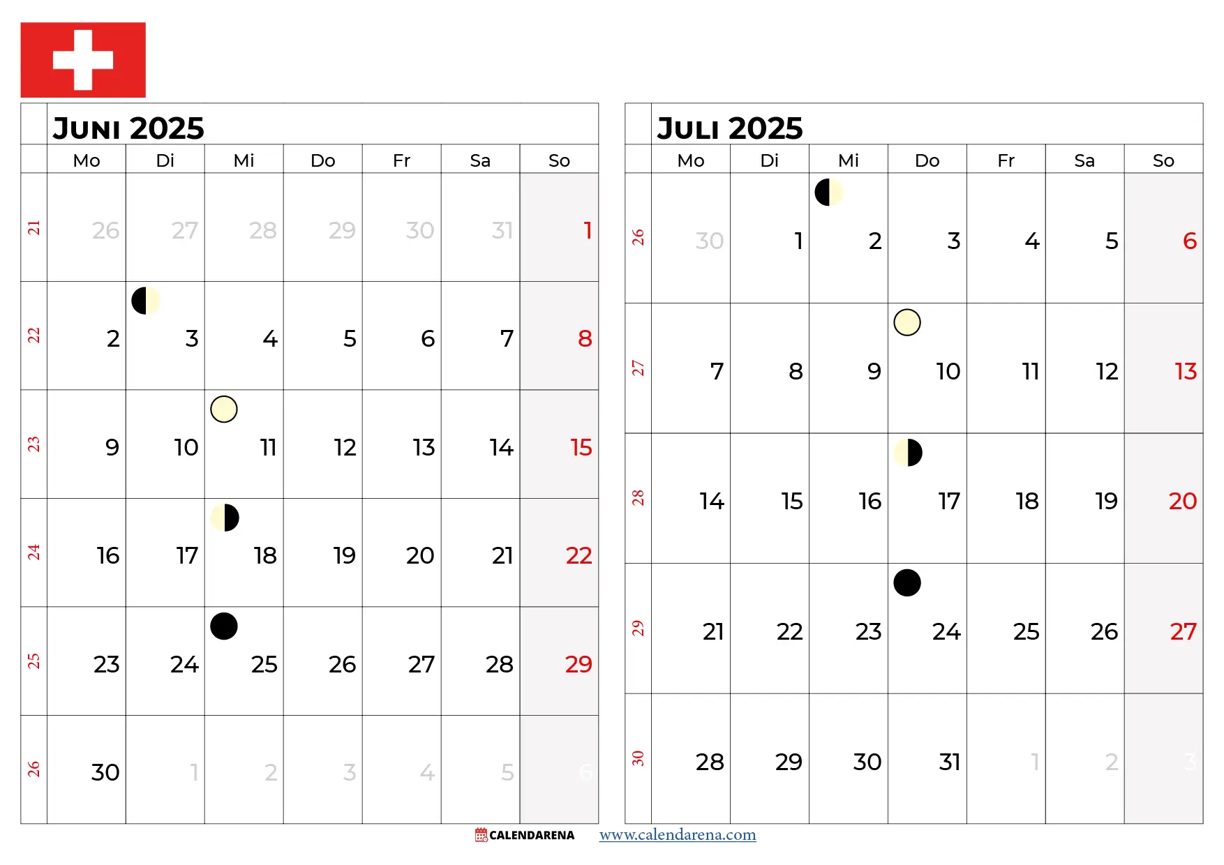 Kalender Juni Juli 2025 Schweiz