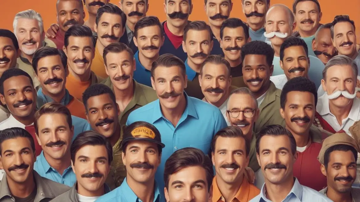 A diverse group of men proudly displaying their Movember mustaches, each wearing Movember pins and holding awareness signs, representing the importance of men's health and mental well-being.