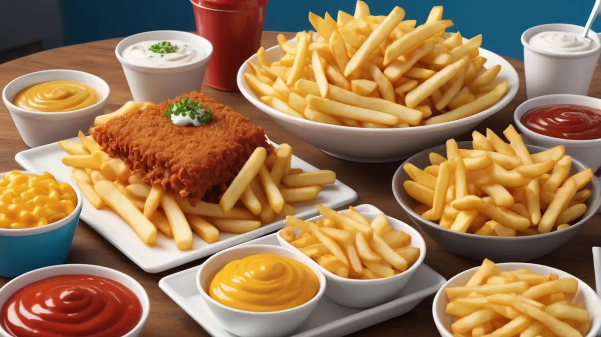 A plate of crispy golden French fries with dipping sauces in a festive atmosphere for National French Fry Day