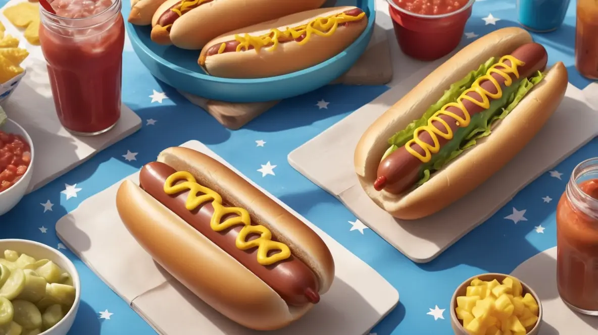 An image of a classic American hot dog with popular toppings, symbolizing National Hot Dog Day