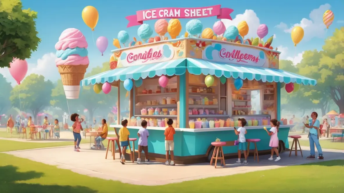 A colorful ice cream celebration with various cones and sundaes, representing National Ice Cream Day.