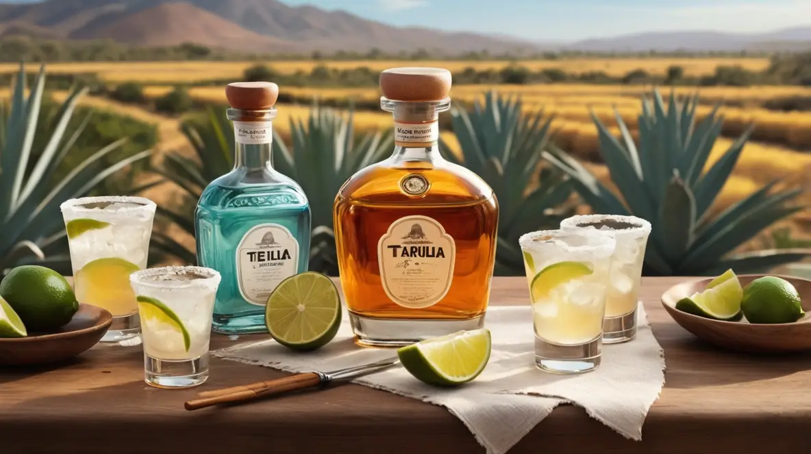 A display of tequila bottles and shot glasses with agave plants in the background, representing National Tequila Day.