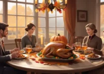 A festive Thanksgiving dinner table with traditional dishes including roast turkey, mashed potatoes, and pumpkin pie