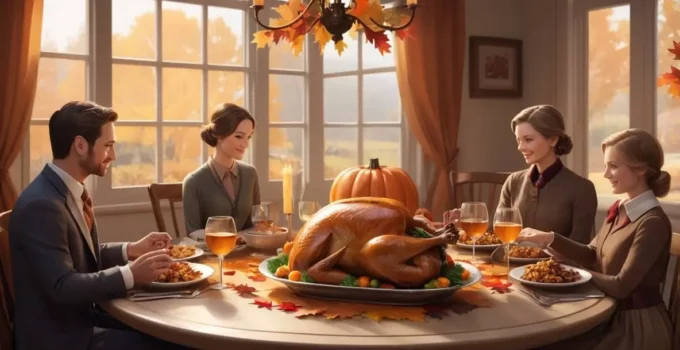 A festive Thanksgiving dinner table with traditional dishes including roast turkey, mashed potatoes, and pumpkin pie