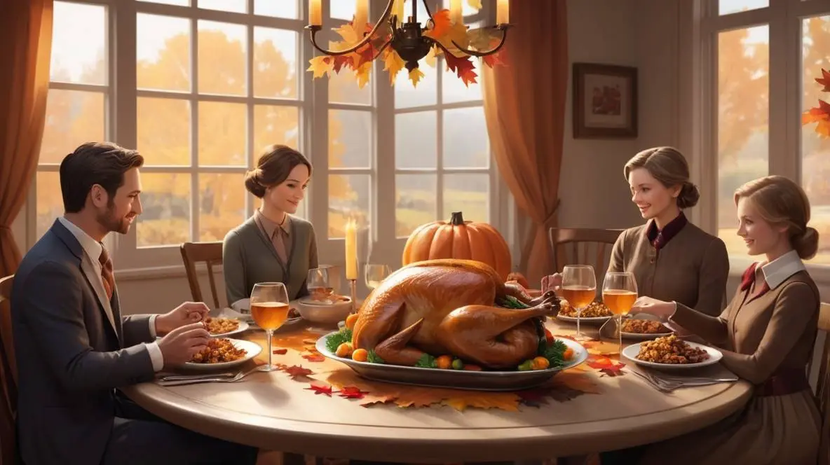 A festive Thanksgiving dinner table with traditional dishes including roast turkey, mashed potatoes, and pumpkin pie