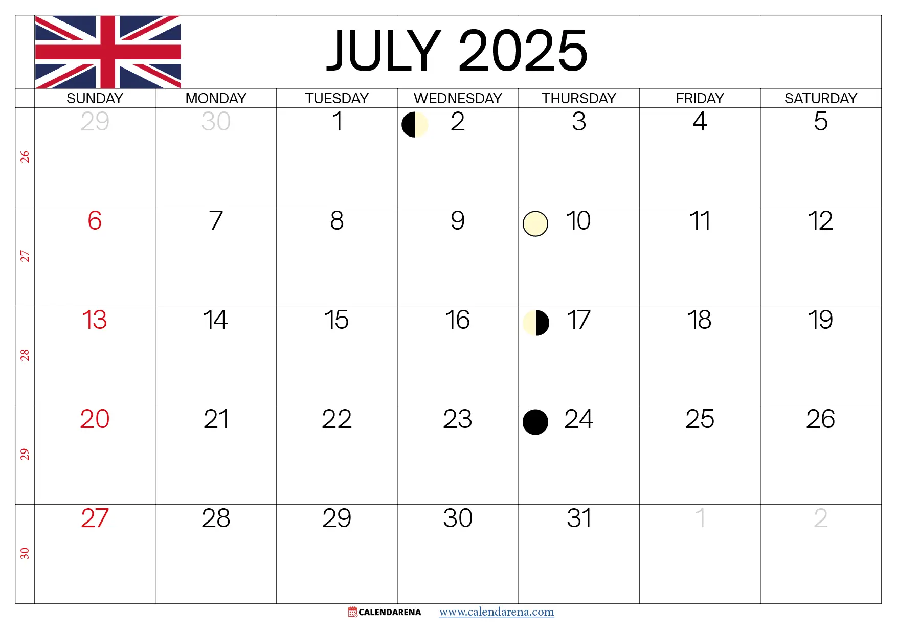 july 2025 calendar Uk