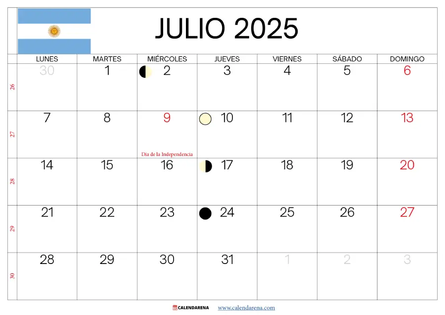 Almanaque Julio 2025 Argentina