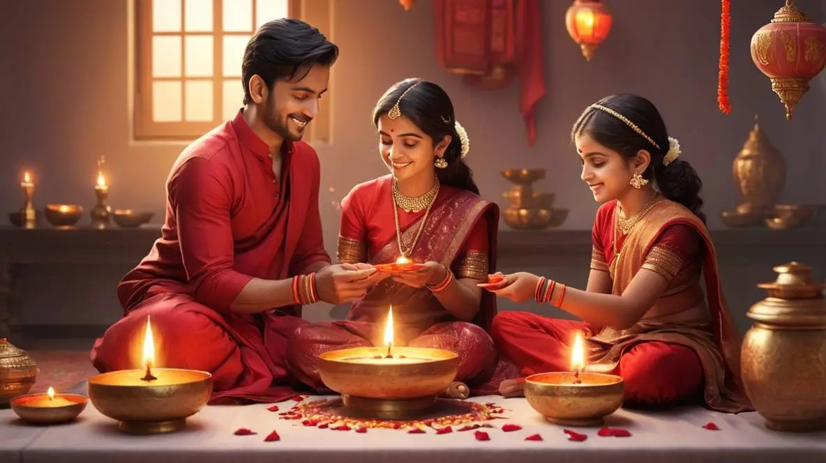 Brother and sister celebrating Bhai Dooj with tilak and aarti.