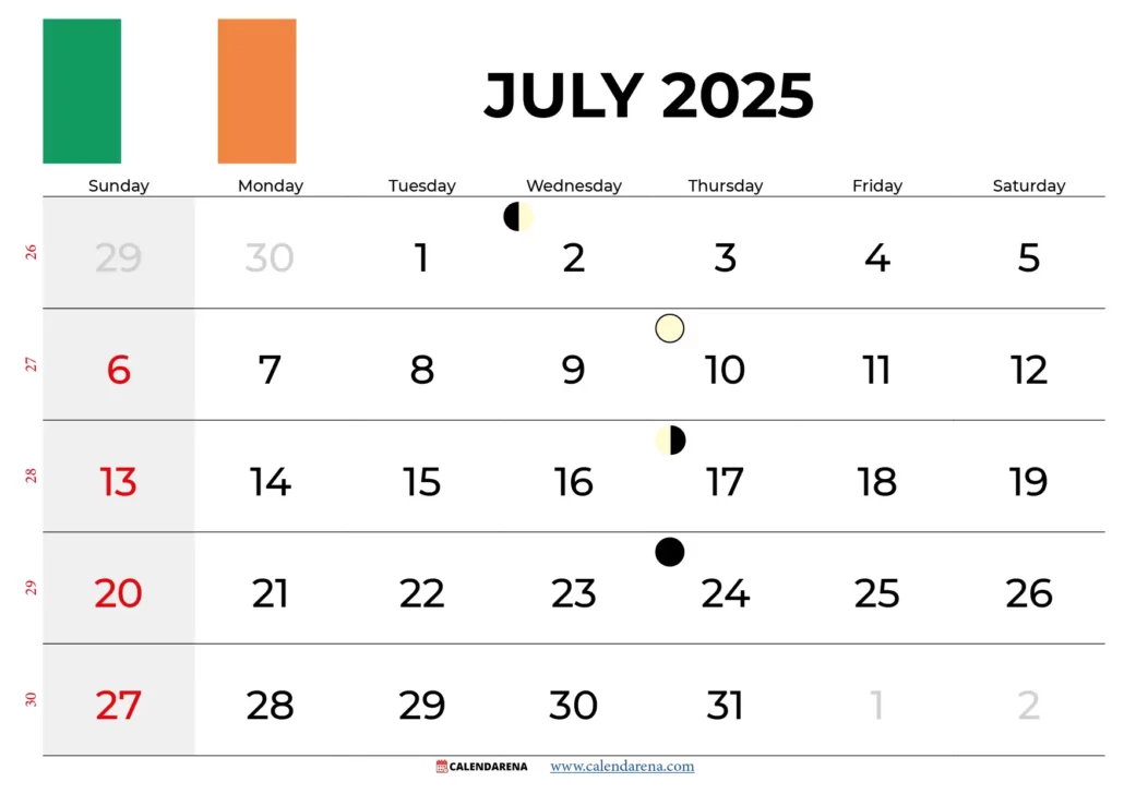 Calendar July 2025 Ireland