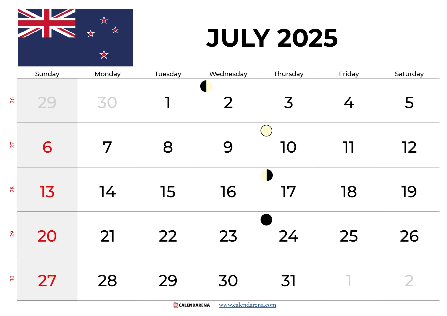 Calendar July 2025 Nz