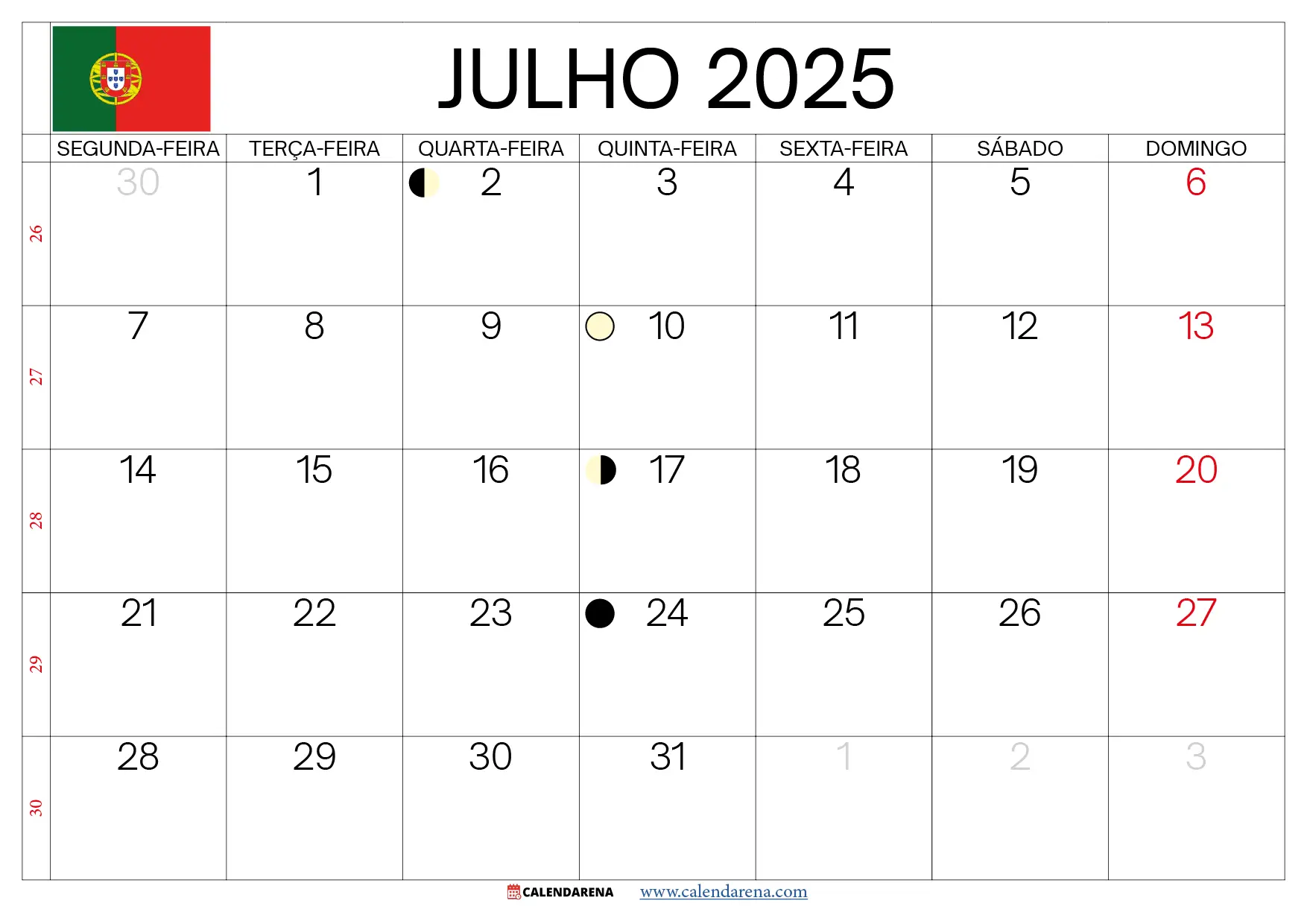 Calendário De Julho 2025 Portugal