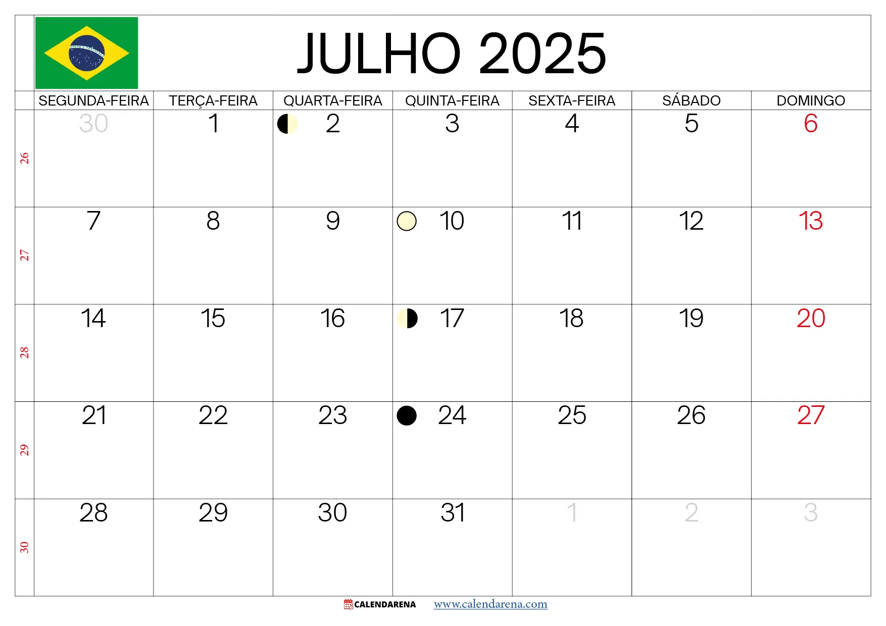 Calendário De Julho 2025