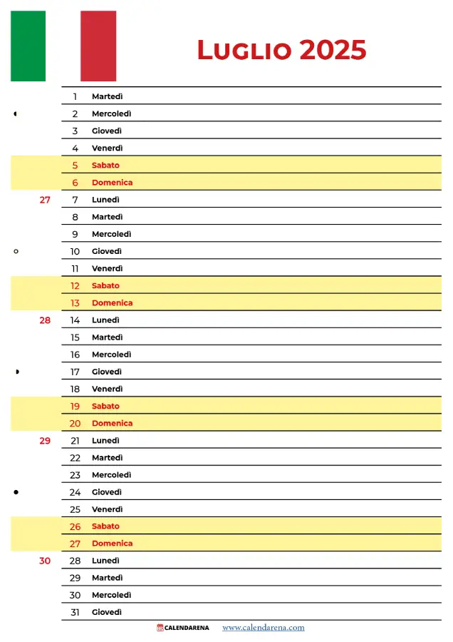 Calendario Di Luglio 2025