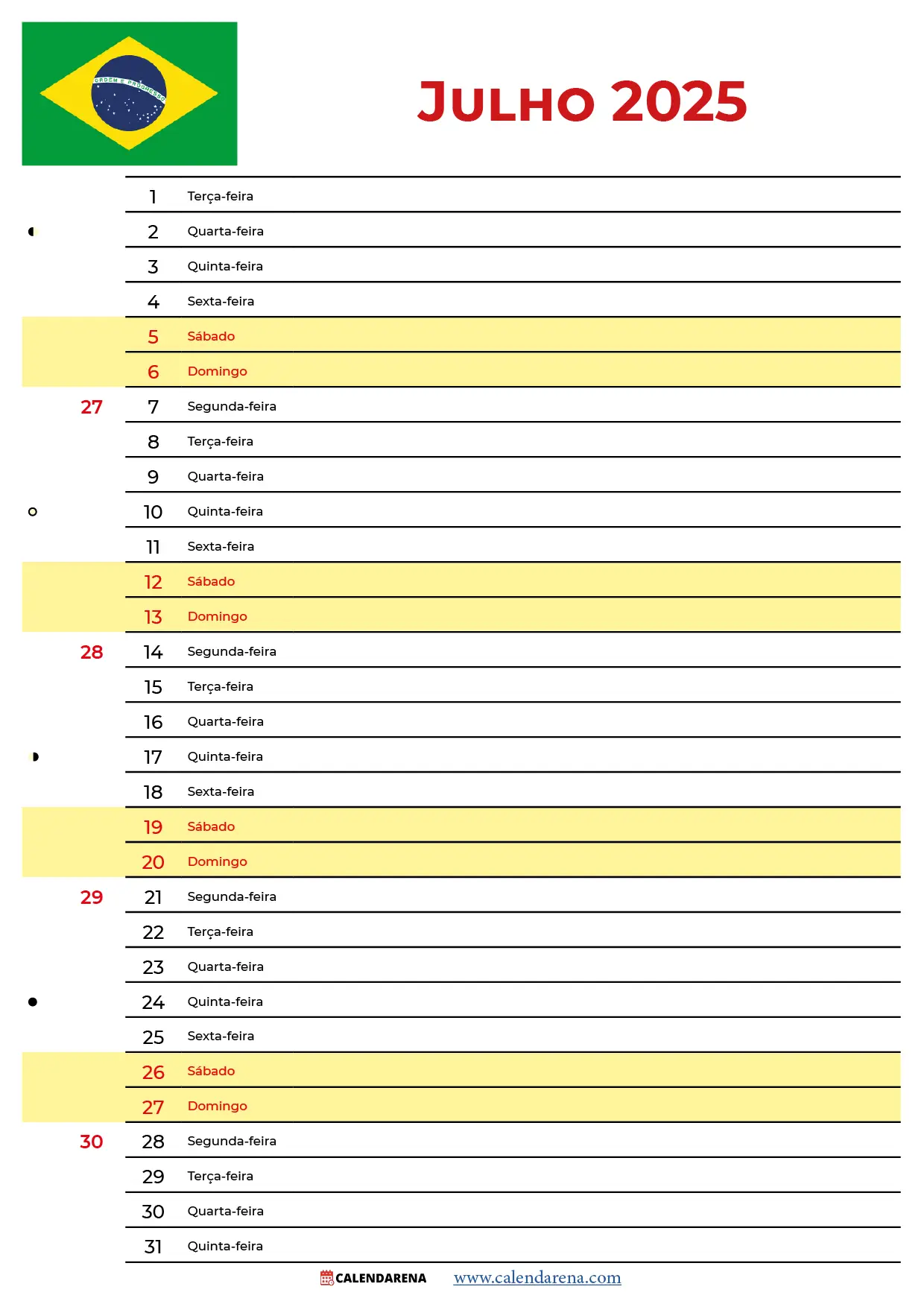 Calendário Julho De 2025