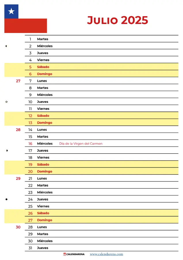 Calendario Julio Chile 2025