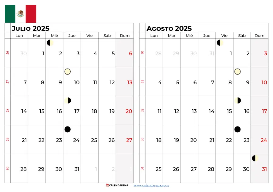 Calendario Julio Y Agosto 2025 México