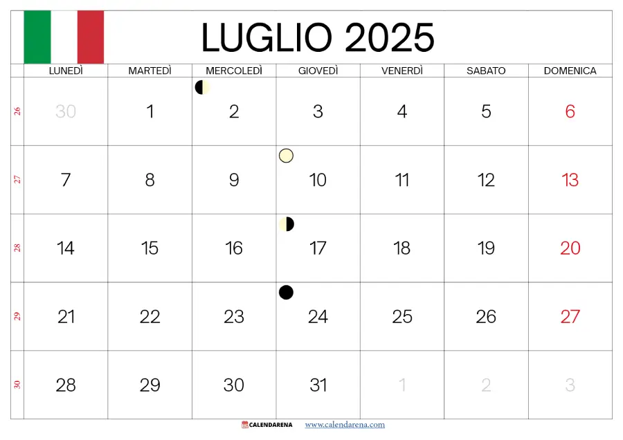 Calendario Luglio 2025 Con Festività