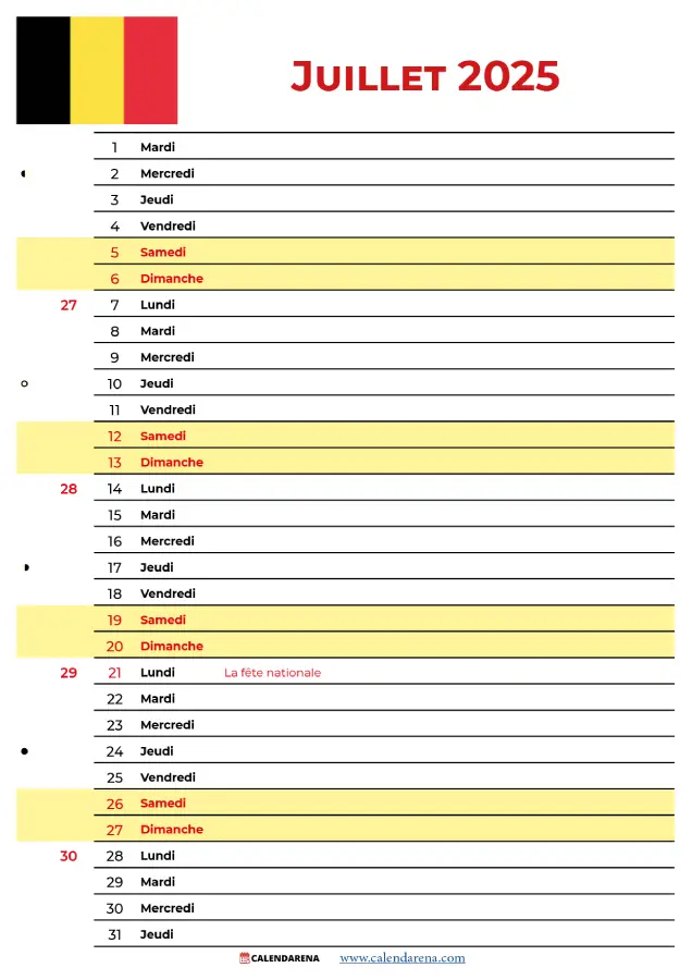 Calendrier Juillet 2025 À Imprimer Belgique